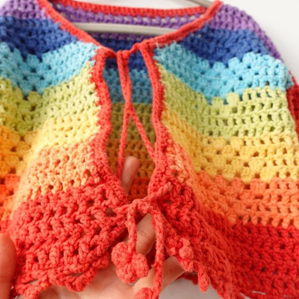 Rainbow Cropped Sweater Girls XL Cardigan Handmade Crochet‎ Bold Open Boho Y2K